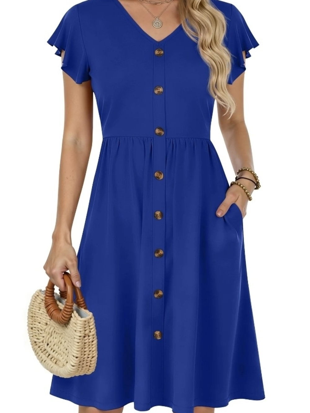 Blue Button-Front V-Neck Midi Dress SIZE LARGE